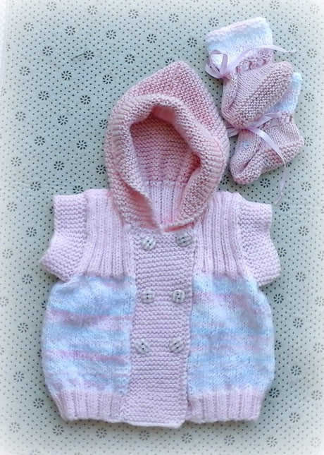 3-6 Months HAND KNITTED SLEEVELESS HOODED JACKET & BOOTIES - PINK