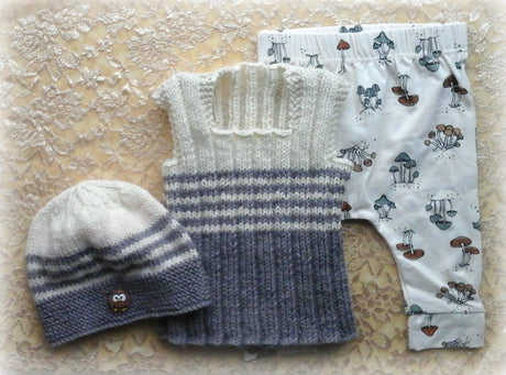 3-6 Months HAND KNITTED PURE WOOL RIBBED VEST & HAT SET plus pant