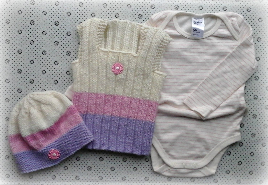 3-6 Months HAND KNITTED PURE WOOL RIBBED VEST & HAT SET plus pant
