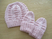 Matching Beanie and Mittens. White and Pink